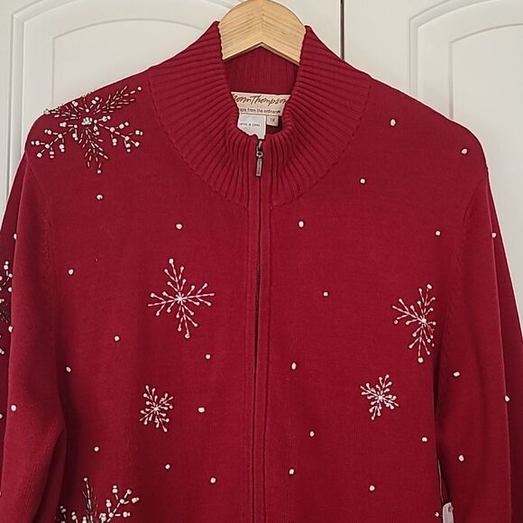 Norm Thompson Beaded Snowflake Zip Front Cotton Cardigan Sweater Red Size L - Picture 3 of 13